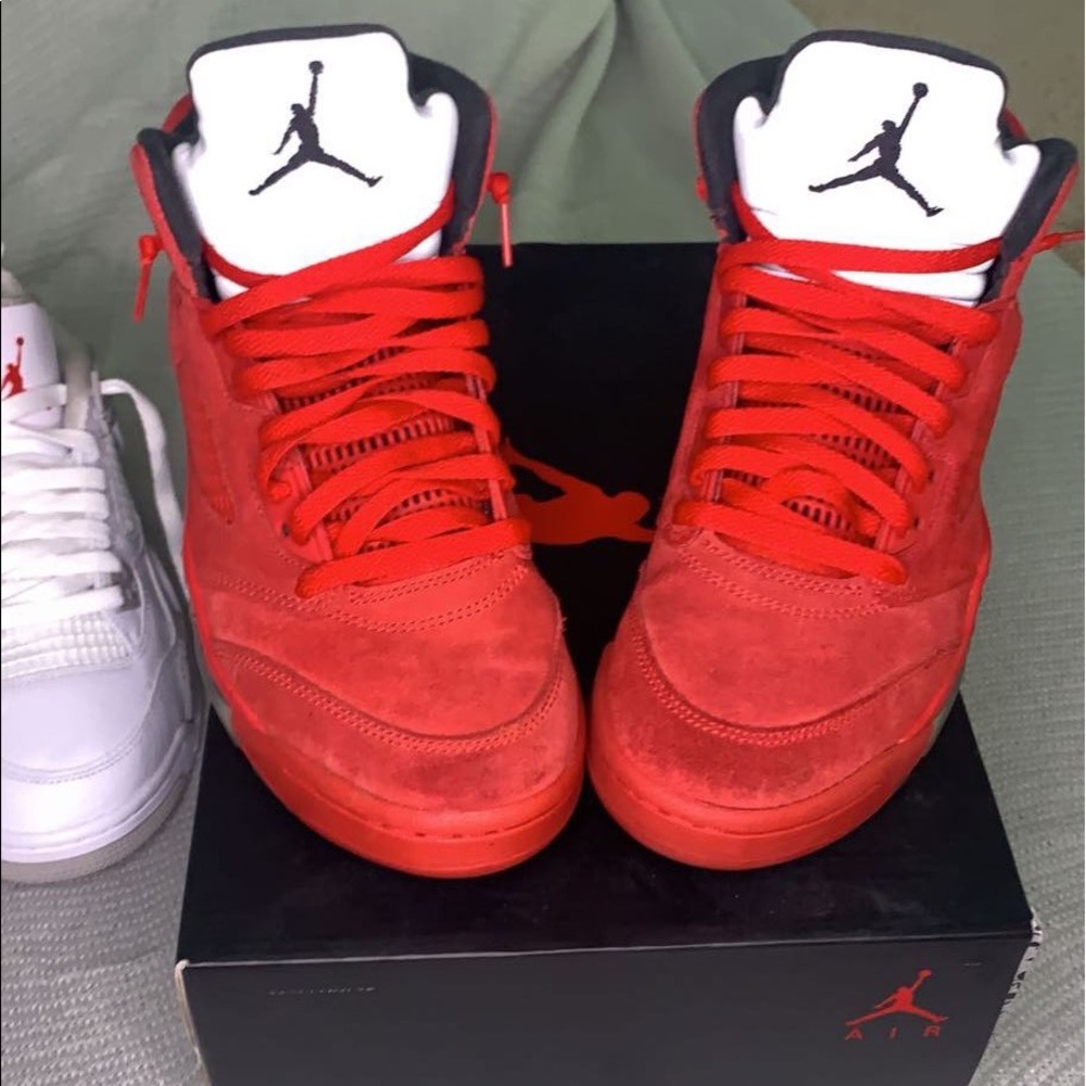 Red suede jordan 5’s